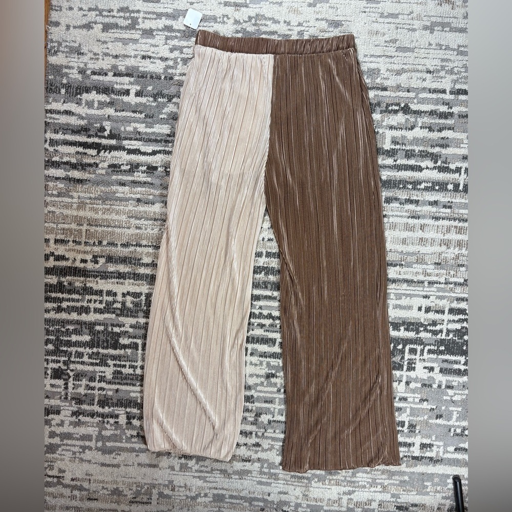 New Fashion Nova Brown & Light Beige Ribbed Highrise Flowy Pants Size XL - Picture 4 of 9